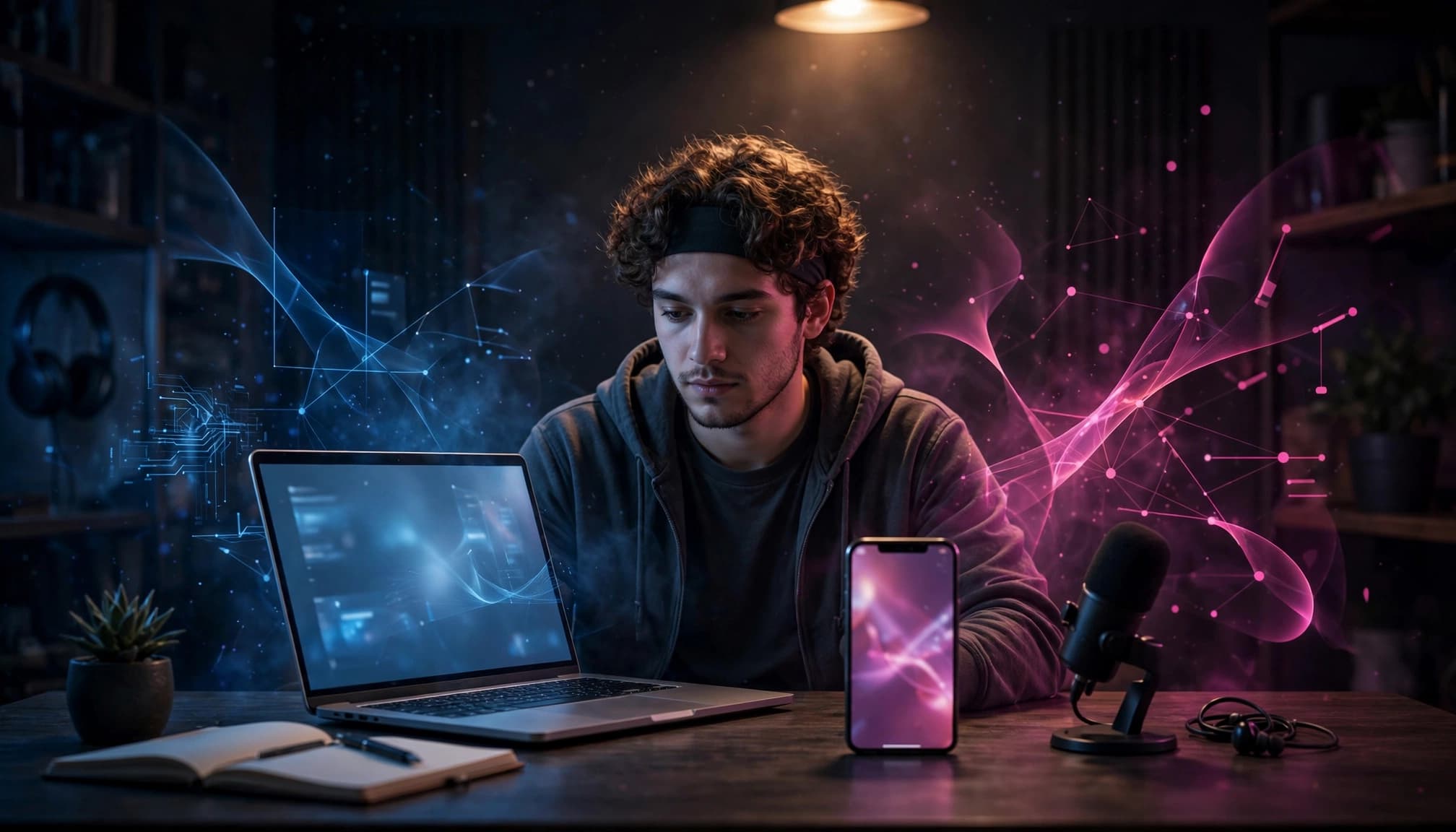 A creator compares two workflows using a laptop and phone at a lit desk.