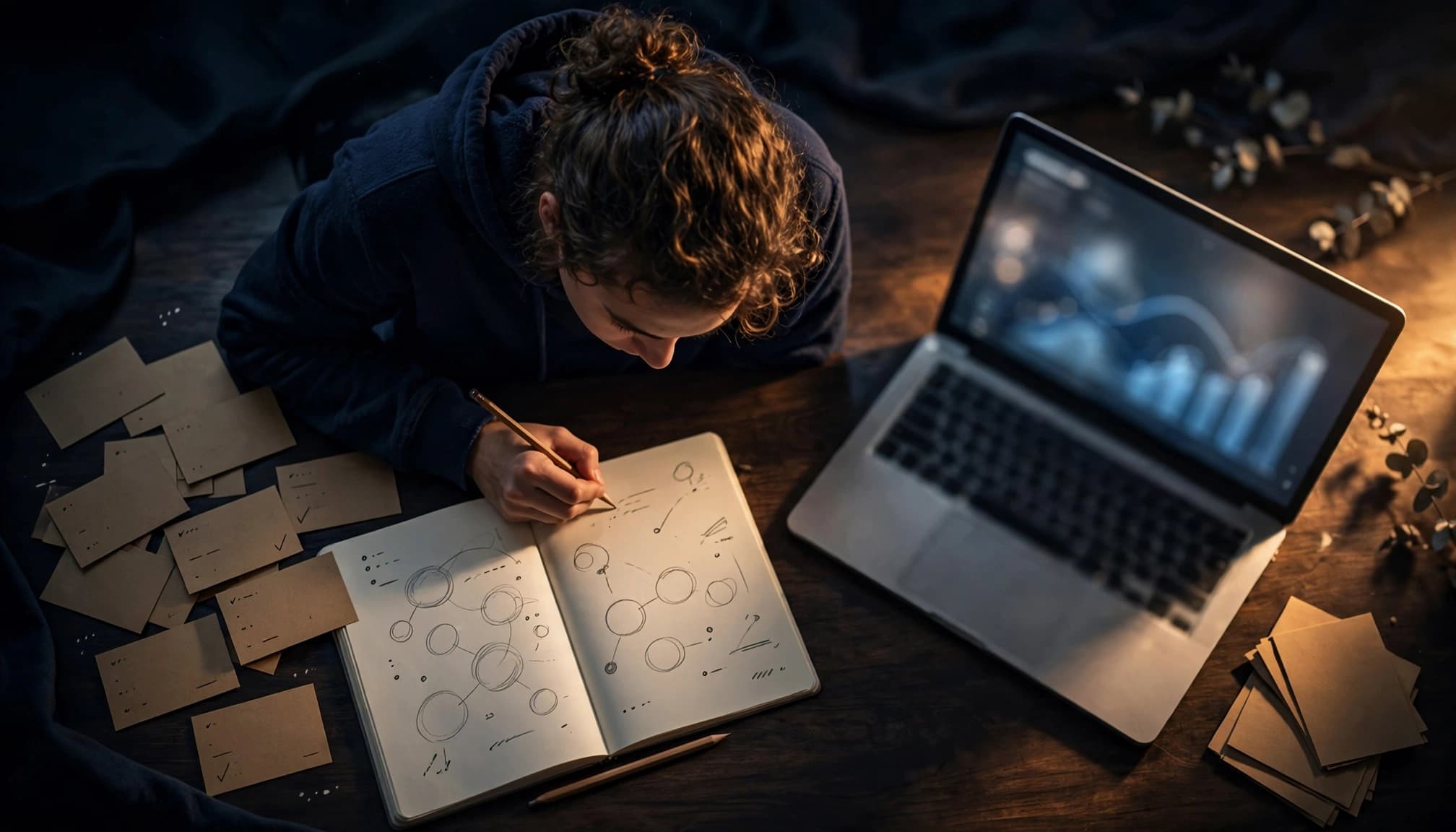 beginner ai content tools guide A blogger reviews SEO notes and keyword cards beside a laptop.