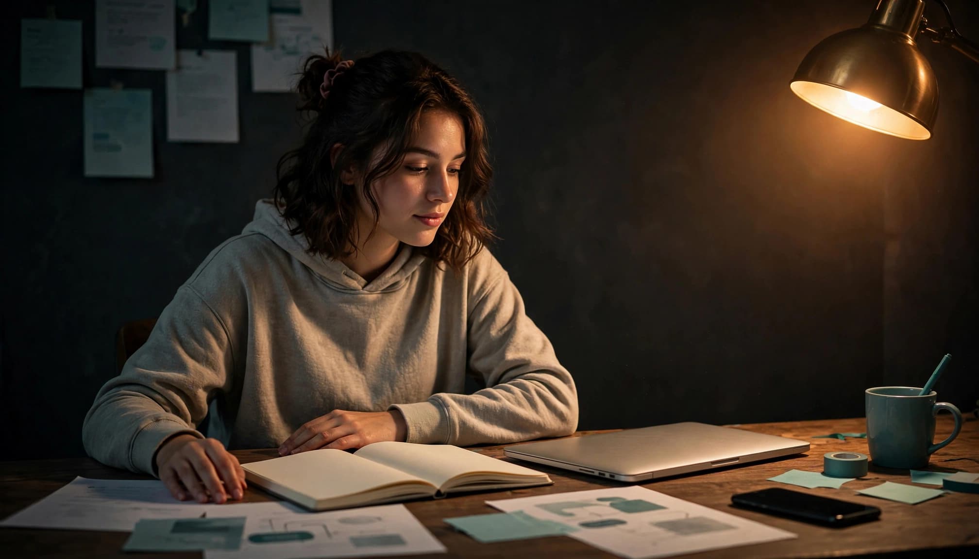 A content creator organizes notes beside a notebook, phone, and laptop under warm amber light.