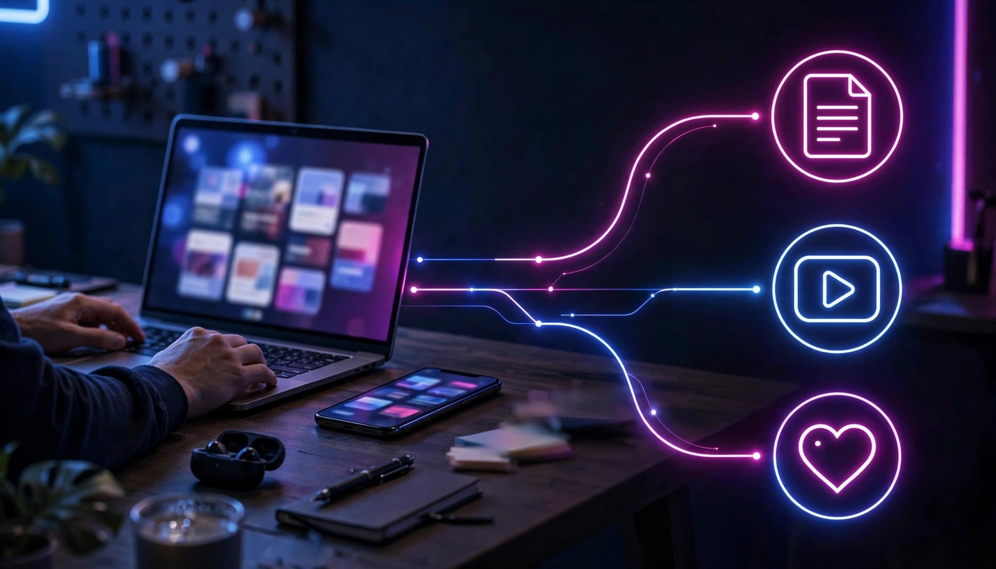 A creator's laptop and phone connect to blog, video, and social media symbols.