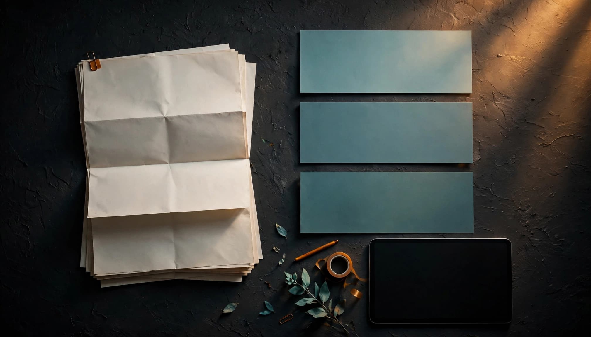 Printed article beside blank cards for a blog post, email, and social media content.