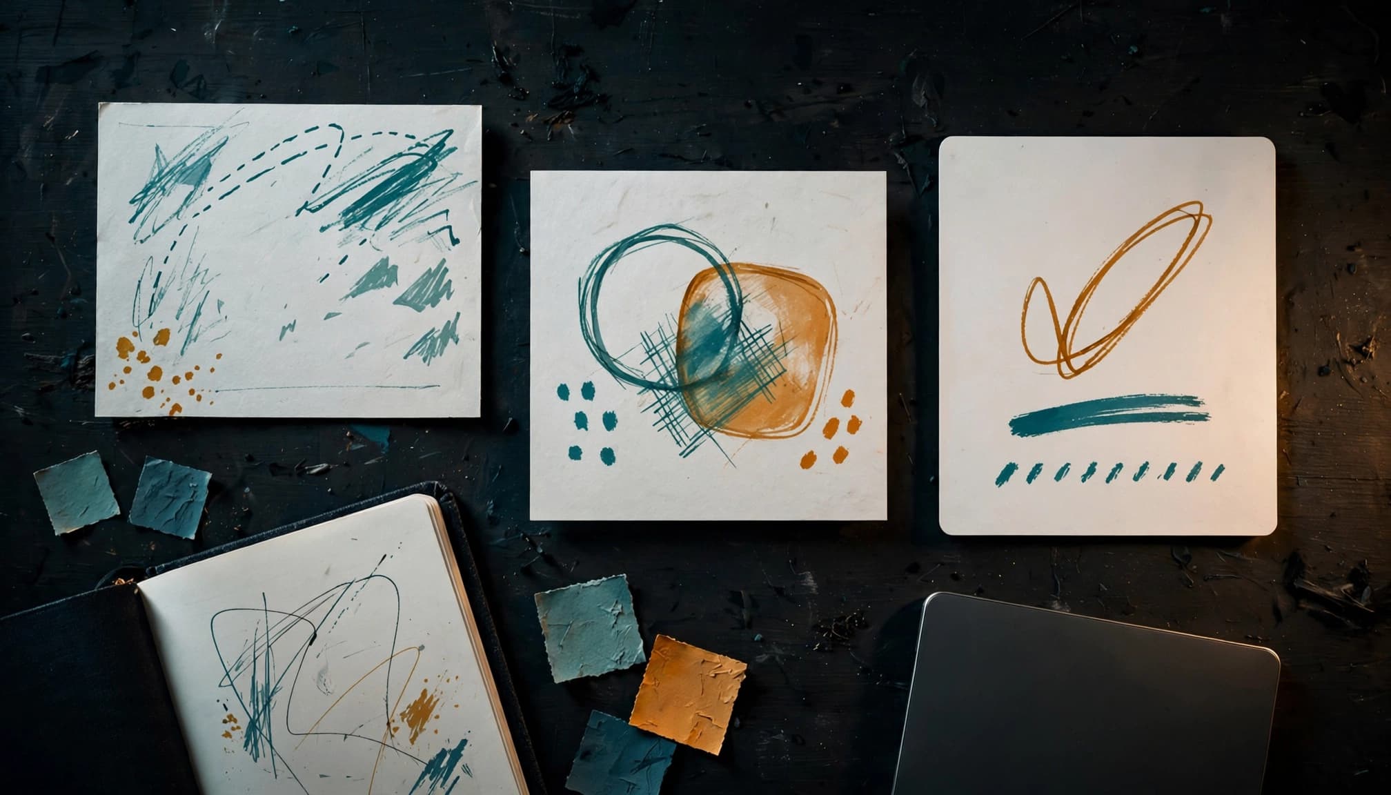 Three marked cards sit beside a notebook, color swatches, and a tablet.