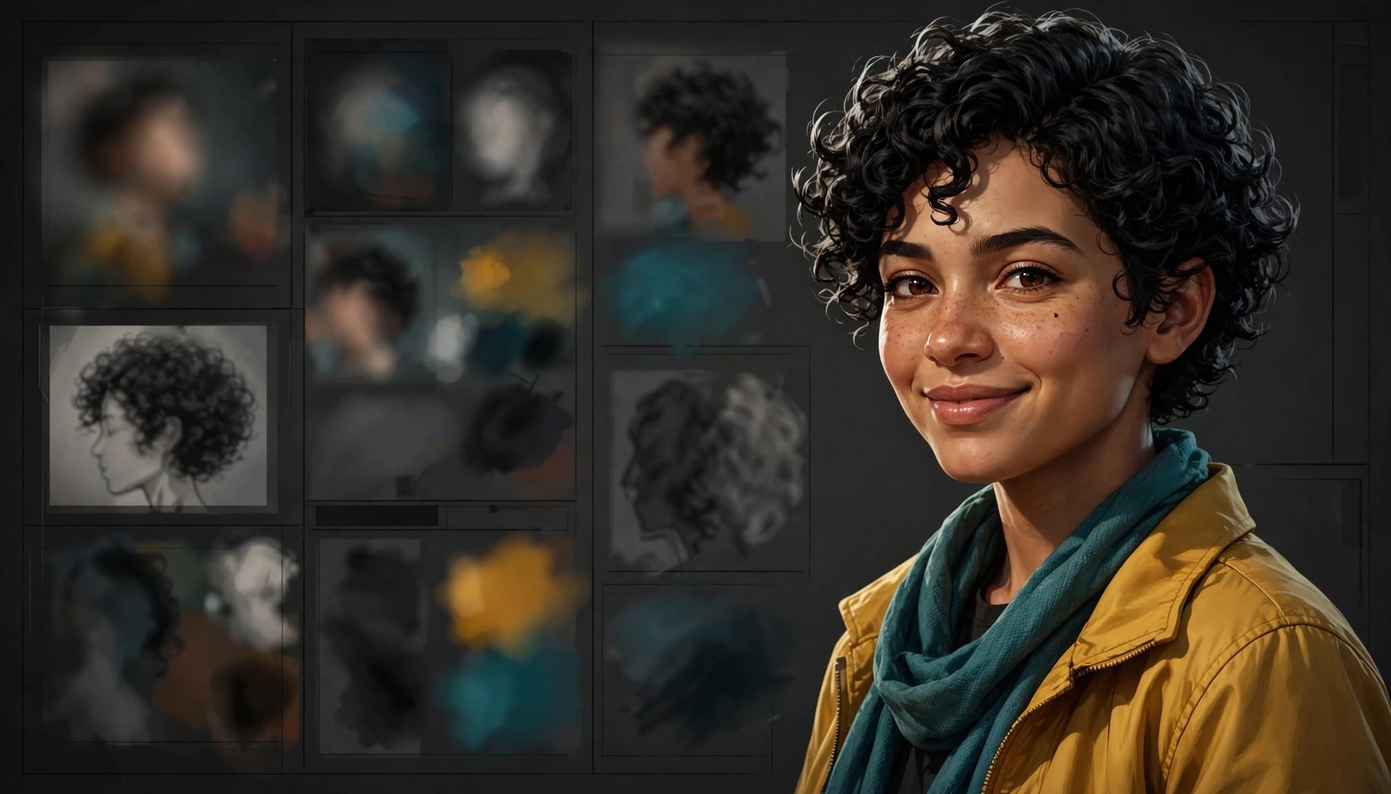 Three-quarter portrait of a woman with curly hair, a mustard jacket, and teal scarf.