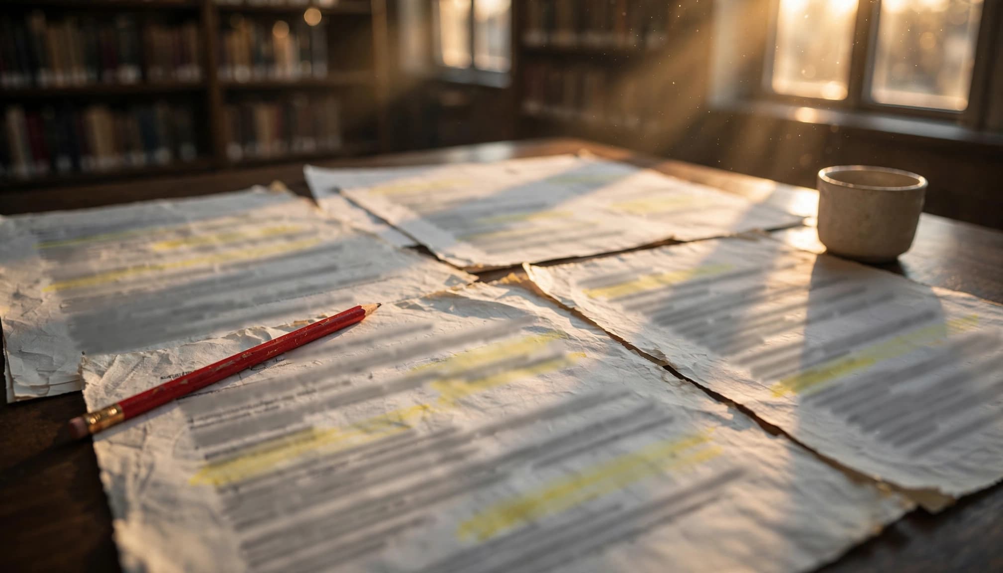 Printed draft pages, a red pencil, and a ceramic cup sit on a library table.