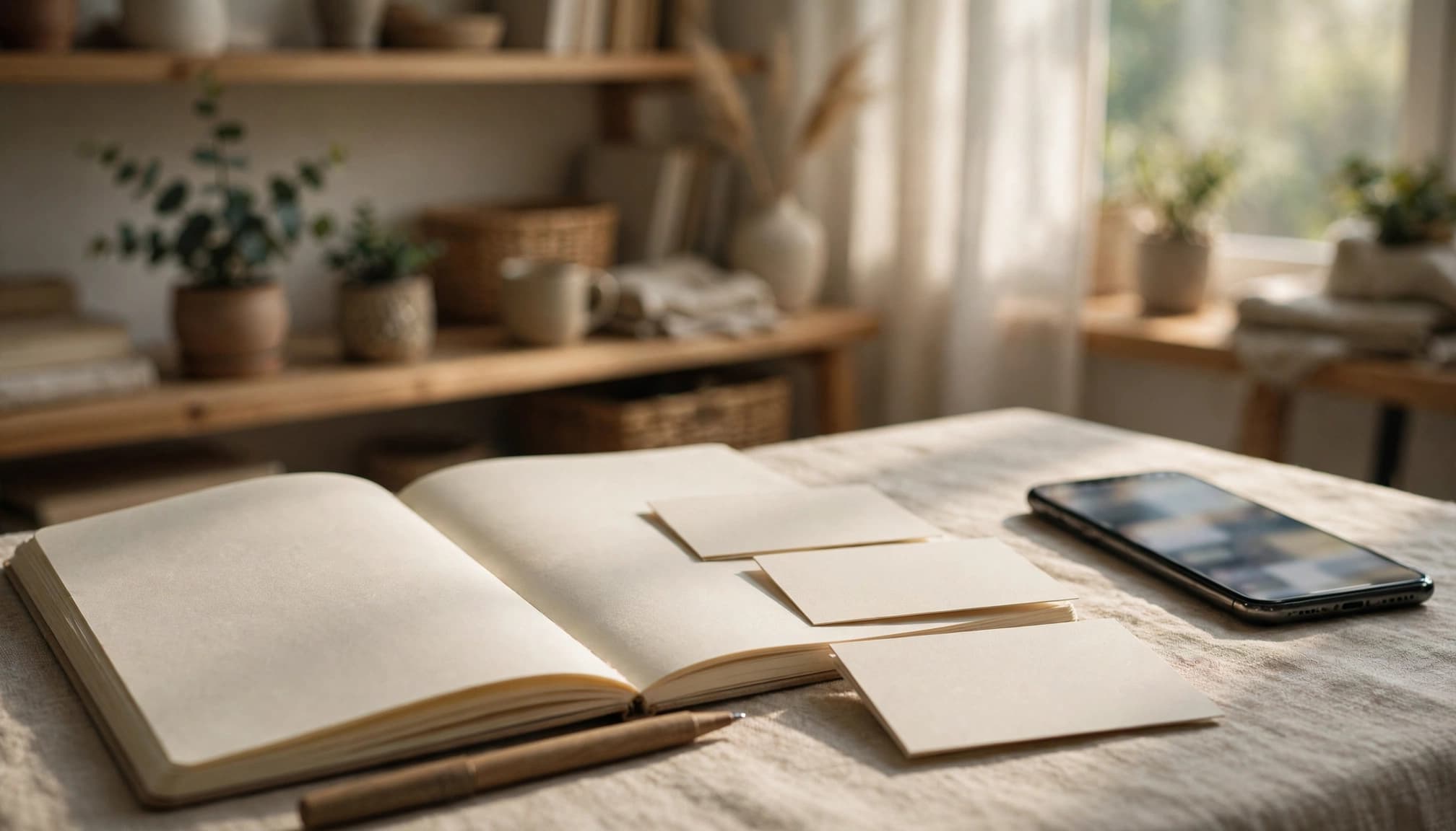 A notebook with blank content cards, a pen, and a phone sits in a sunny home studio.