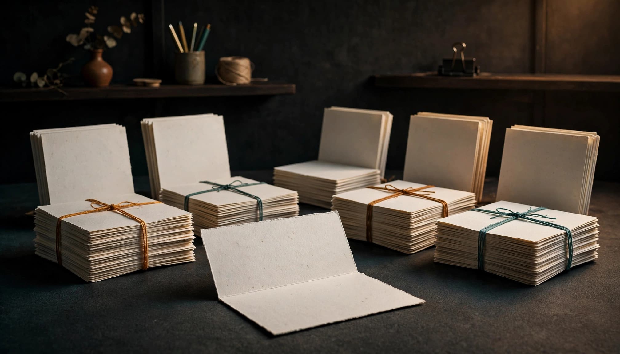 Blank cards are grouped on a dark surface, with one open card in front.