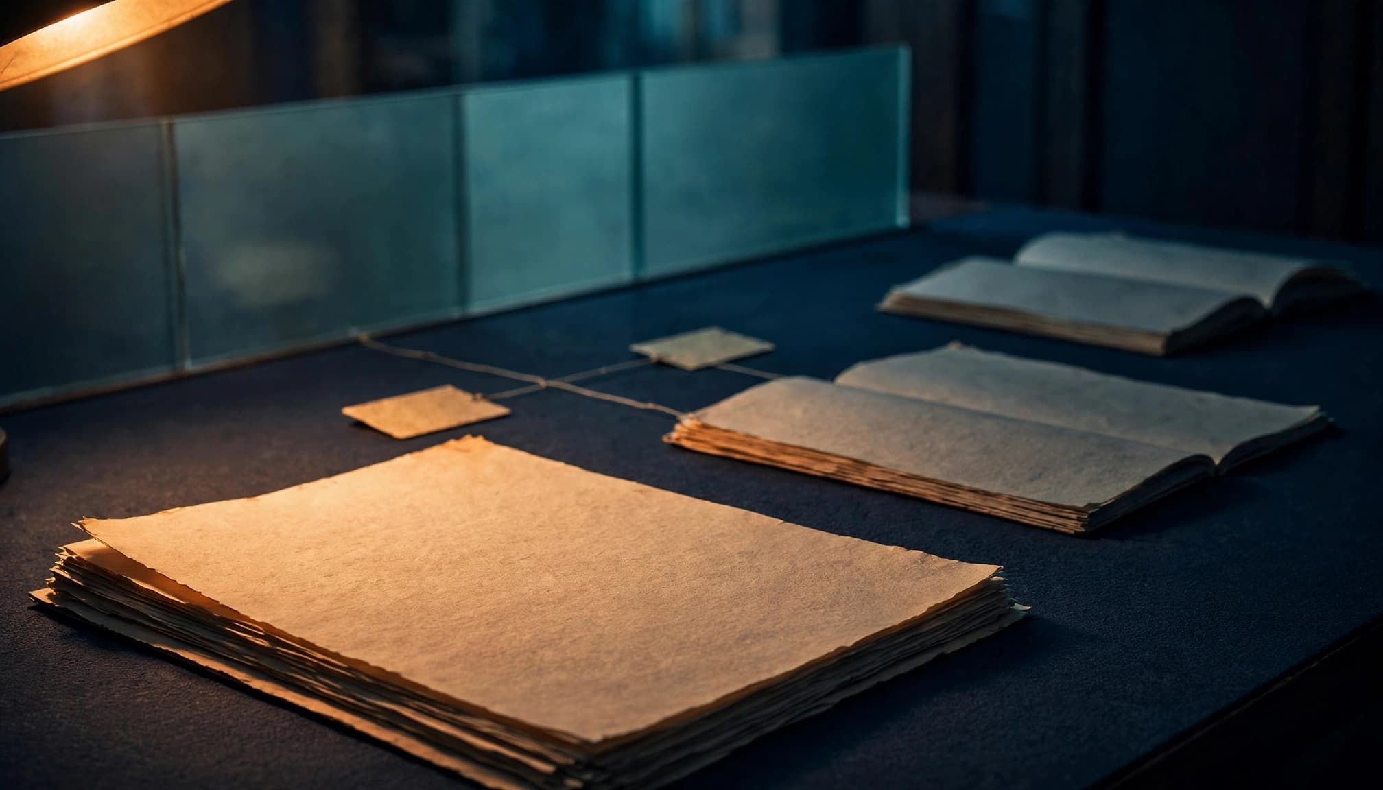 Open research papers and connected evidence cards on a warmly lit archive table.