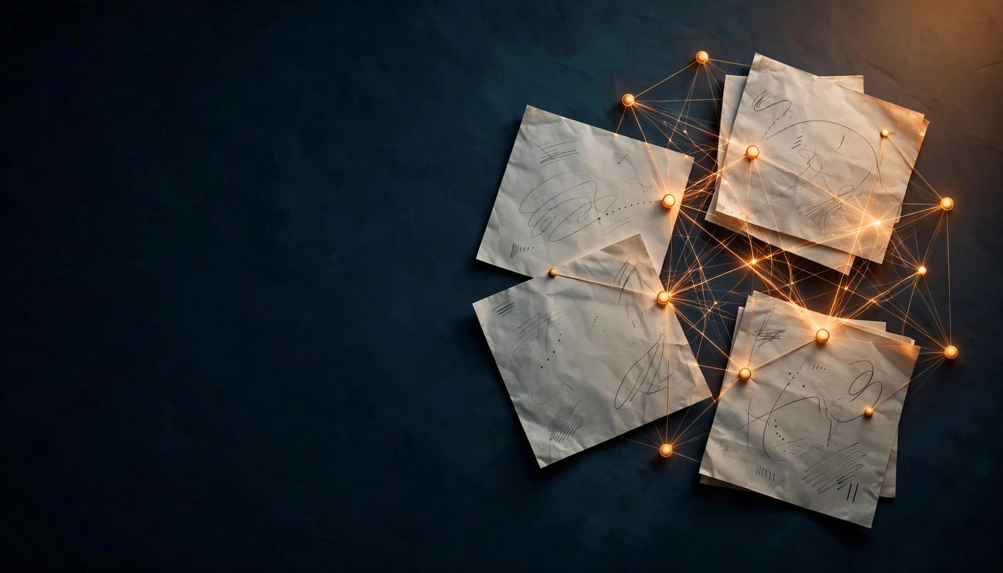 Journal pages connected by glowing threads and nodes on a dark tabletop.