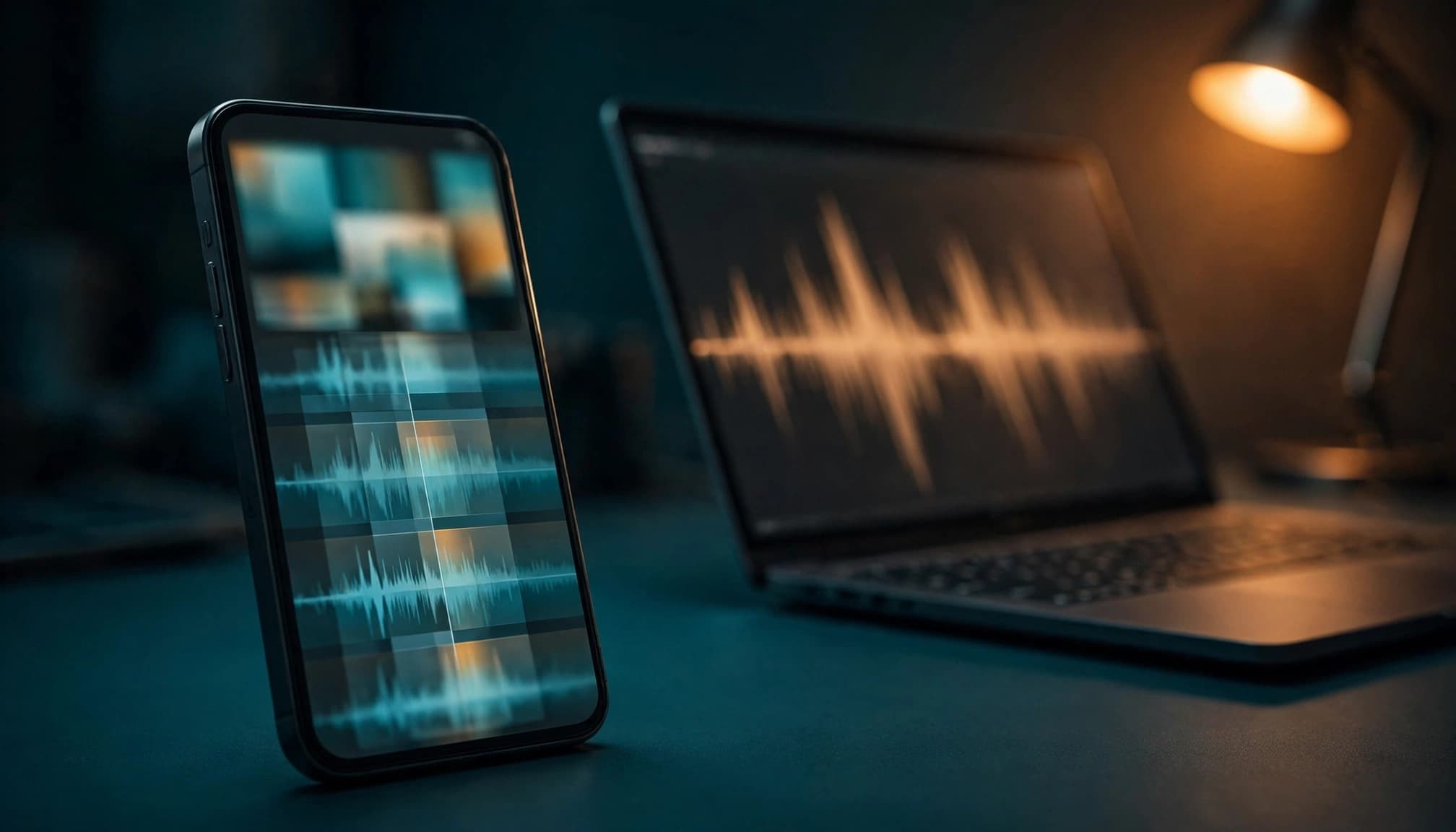A phone showing a blurred video preview sits in front of a laptop with an audio waveform.