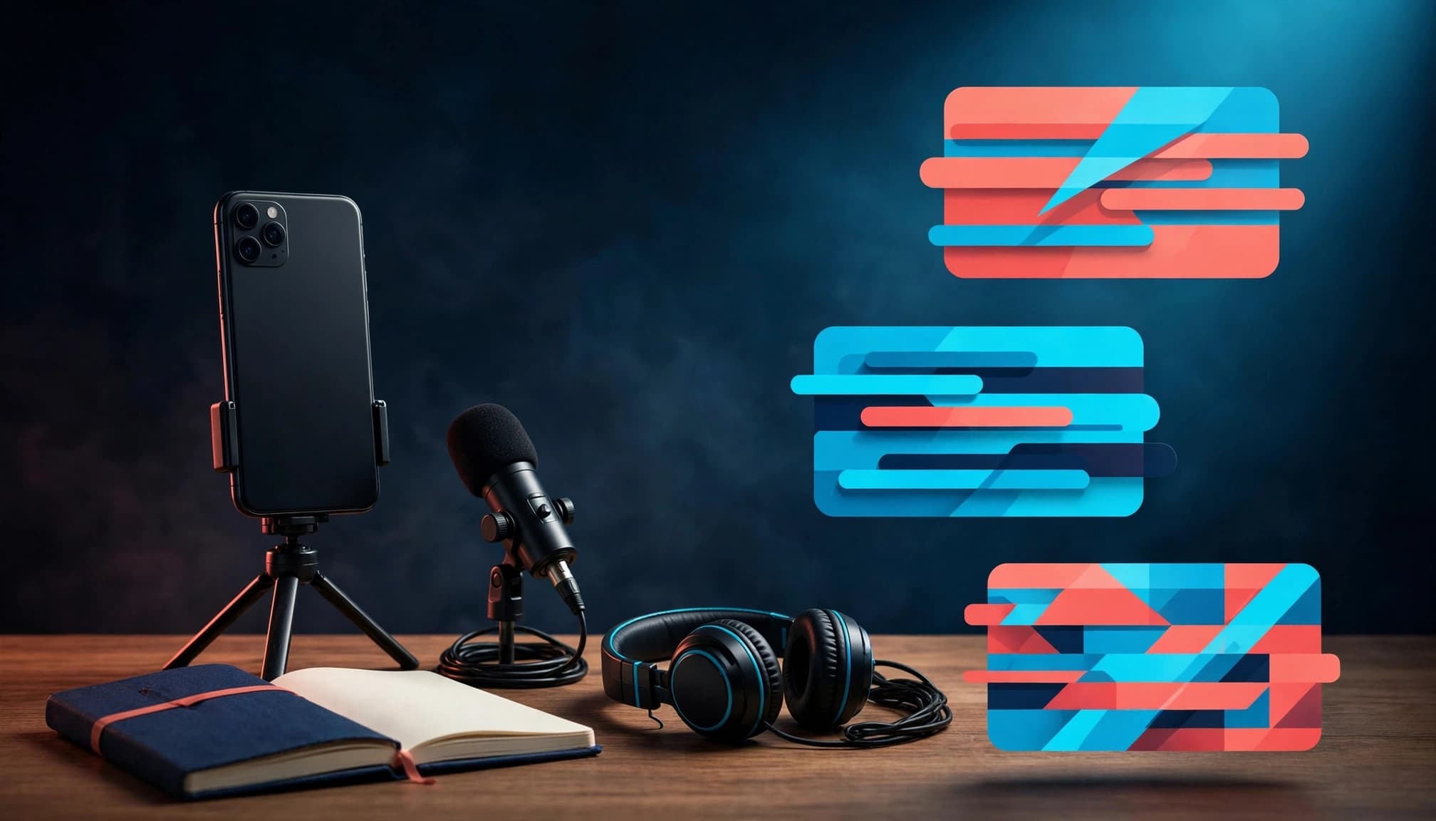beginner ai content tools guide A smartphone on a tripod beside a microphone and colorful caption cards.