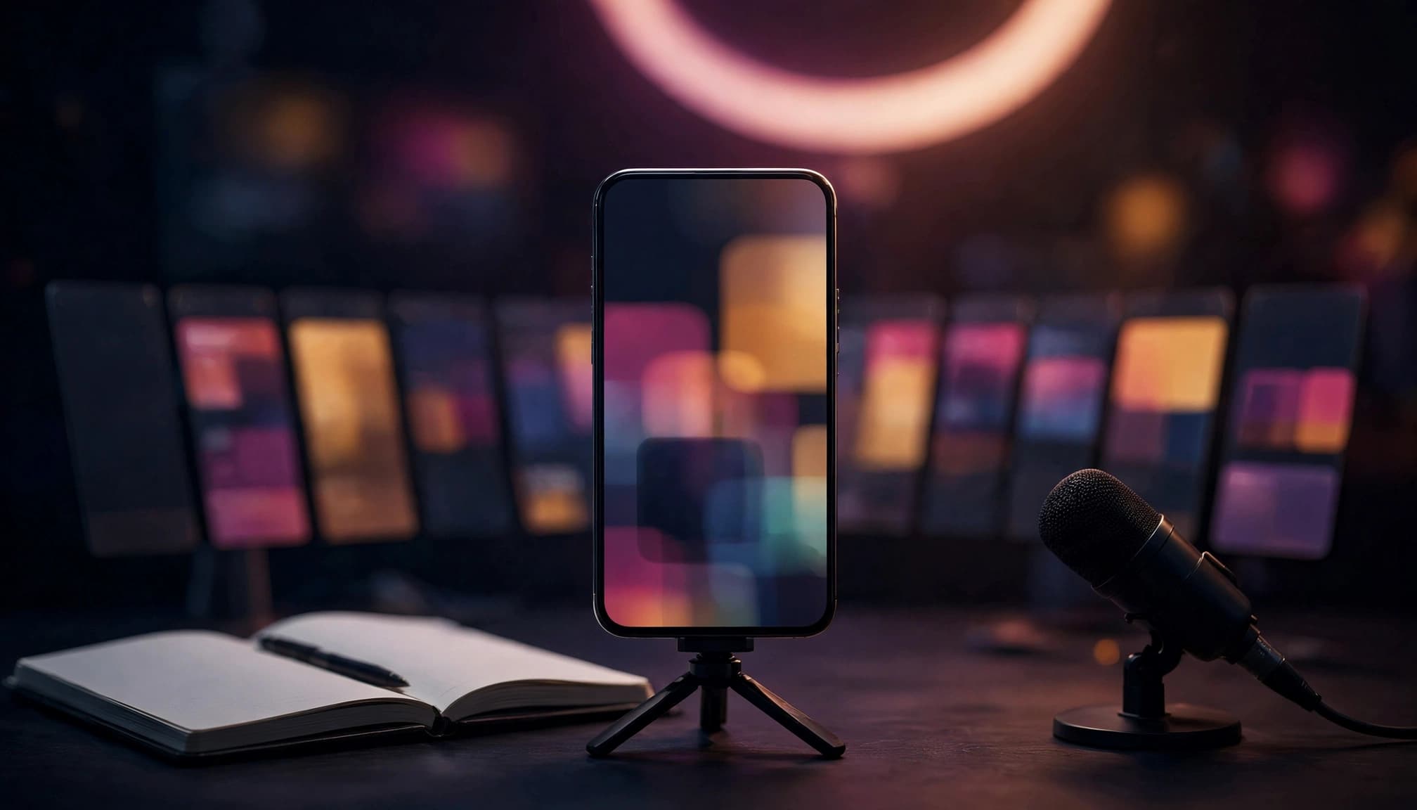 A smartphone on a tripod beside a notebook and microphone in a dark studio.