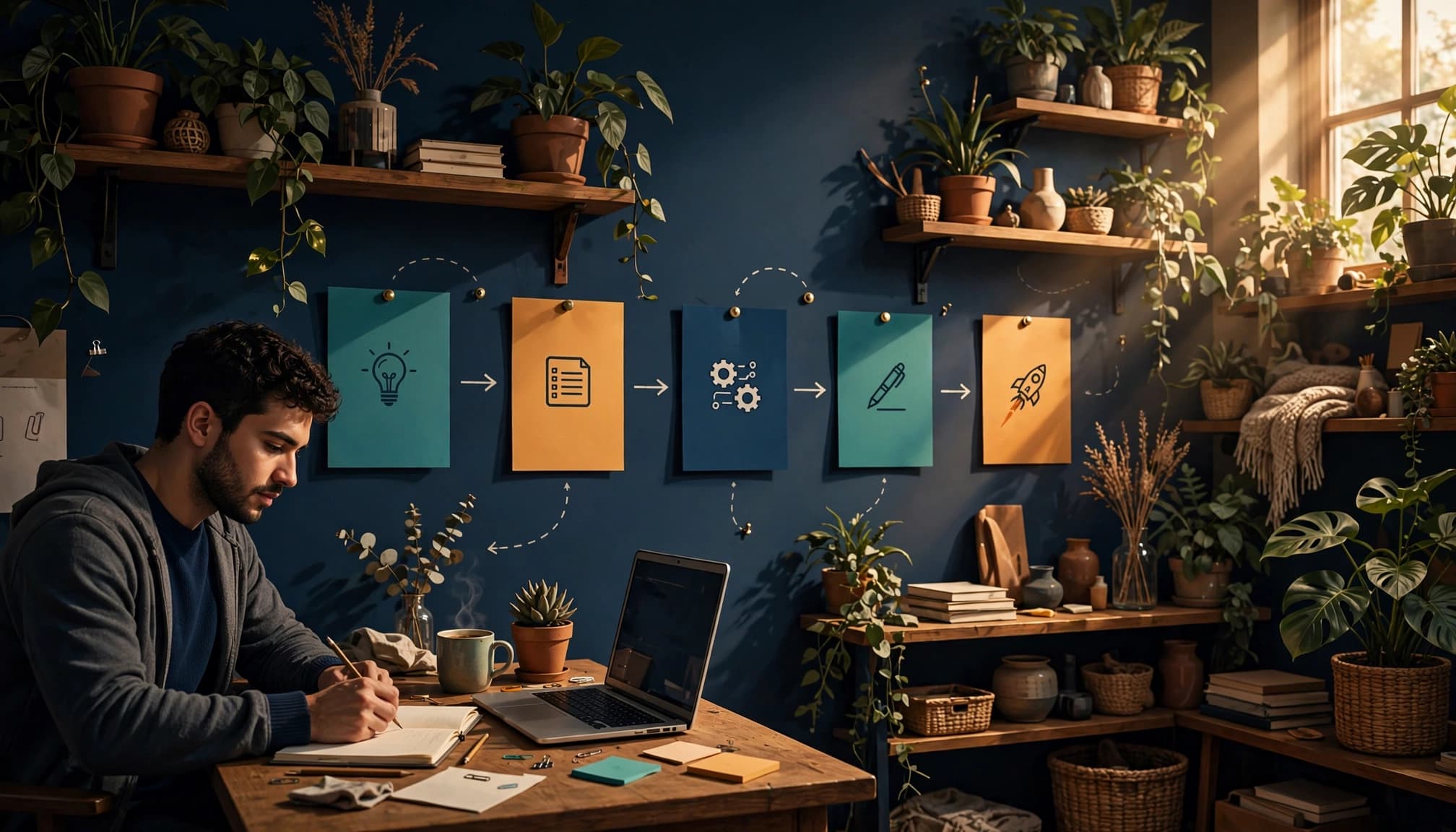 A solo creator organizes colored workflow cards beside a laptop in a warm studio.