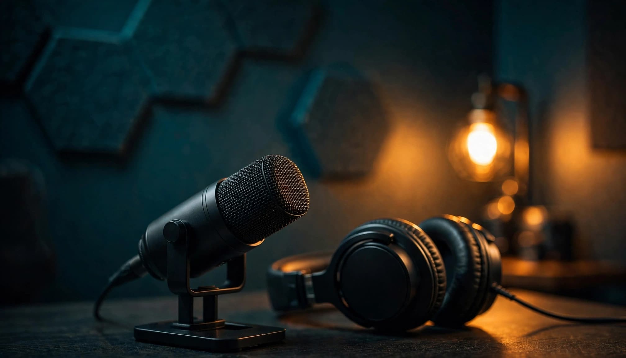 A studio microphone and headphones sit against teal walls with warm amber lighting.