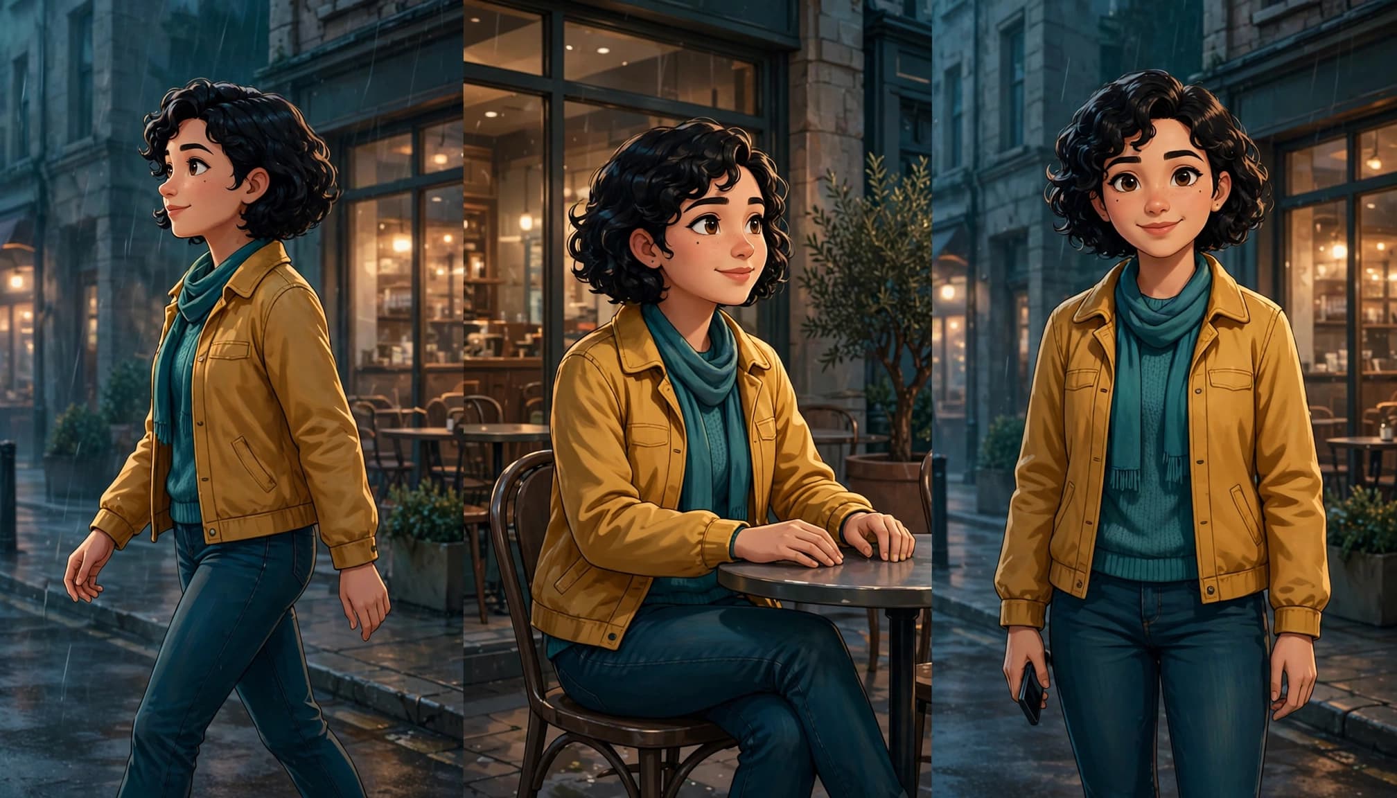 Woman in a mustard jacket and teal scarf shown walking, sitting at a cafe, and holding a phone.