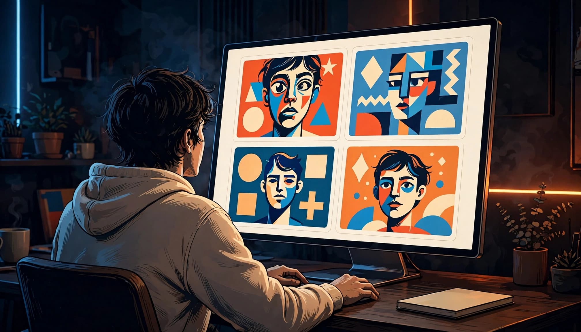 beginner ai content tools guide A creator compares colorful YouTube thumbnail designs on a large monitor.