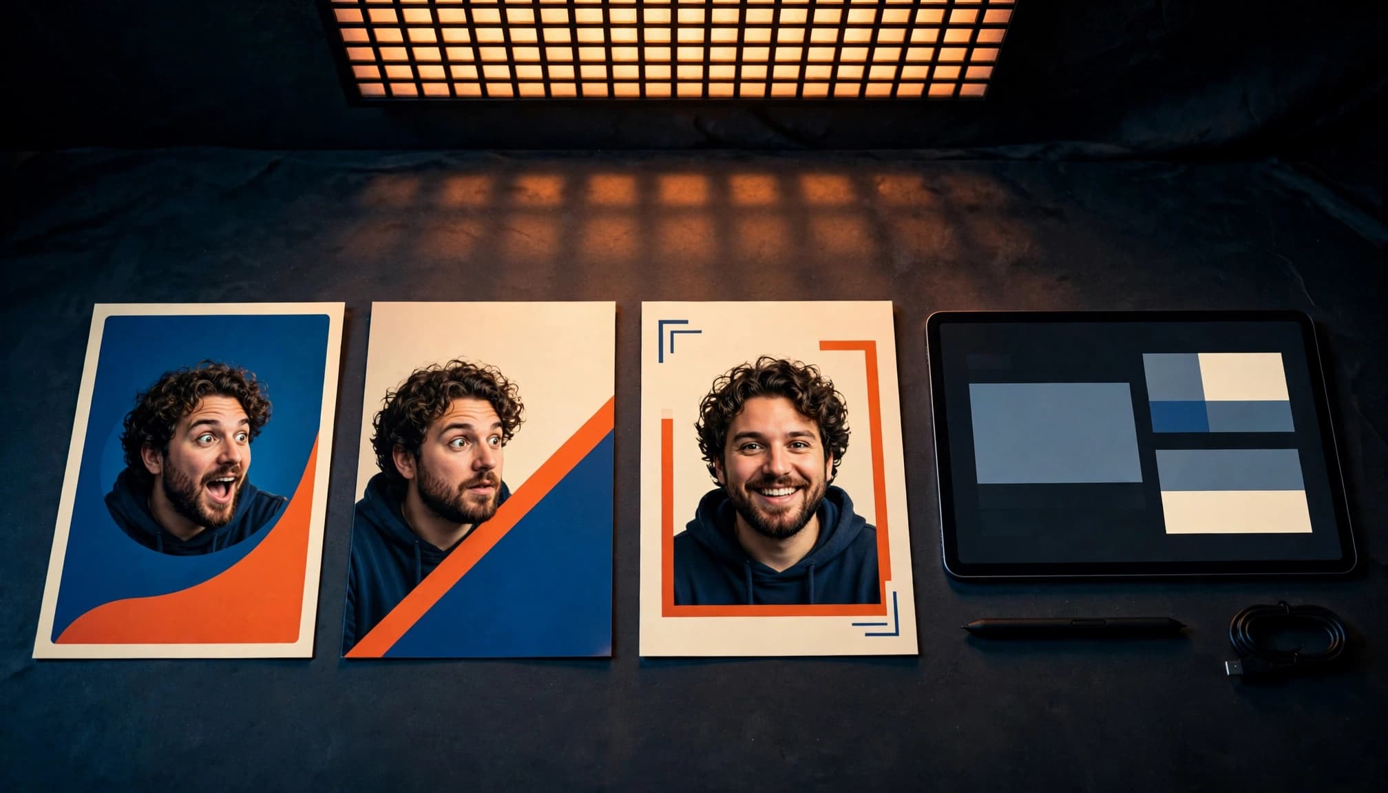 beginner ai content tools guide A tablet beside three colorful thumbnail cards showing different creator portraits.