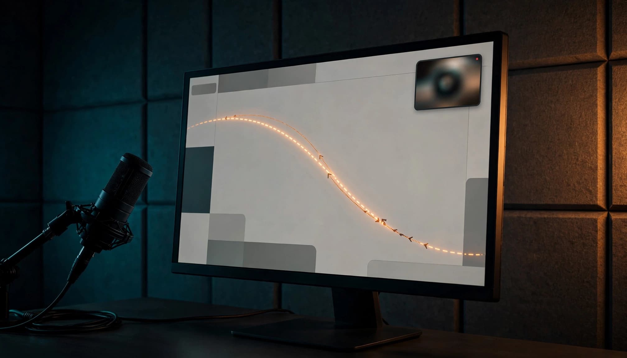 beginner ai content tools guide A monitor shows a software interface beside a microphone in a quiet studio.