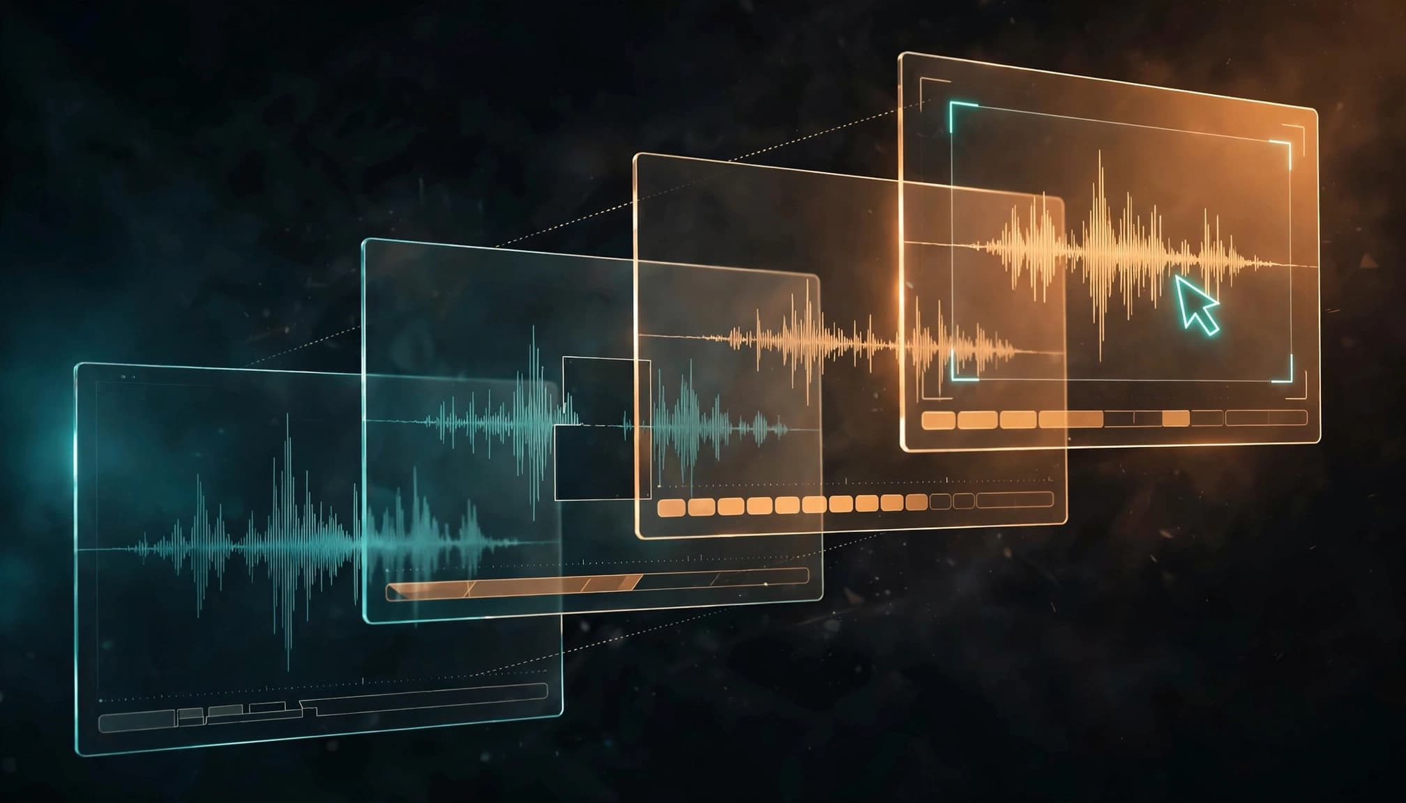 beginner ai content tools guide Layered translucent panels compare raw and polished video timelines.