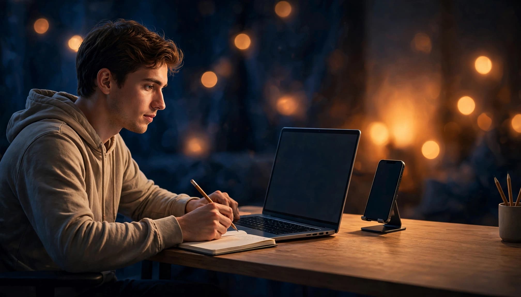 A creator plans Shorts scripts on a laptop beside a notebook and phone stand.