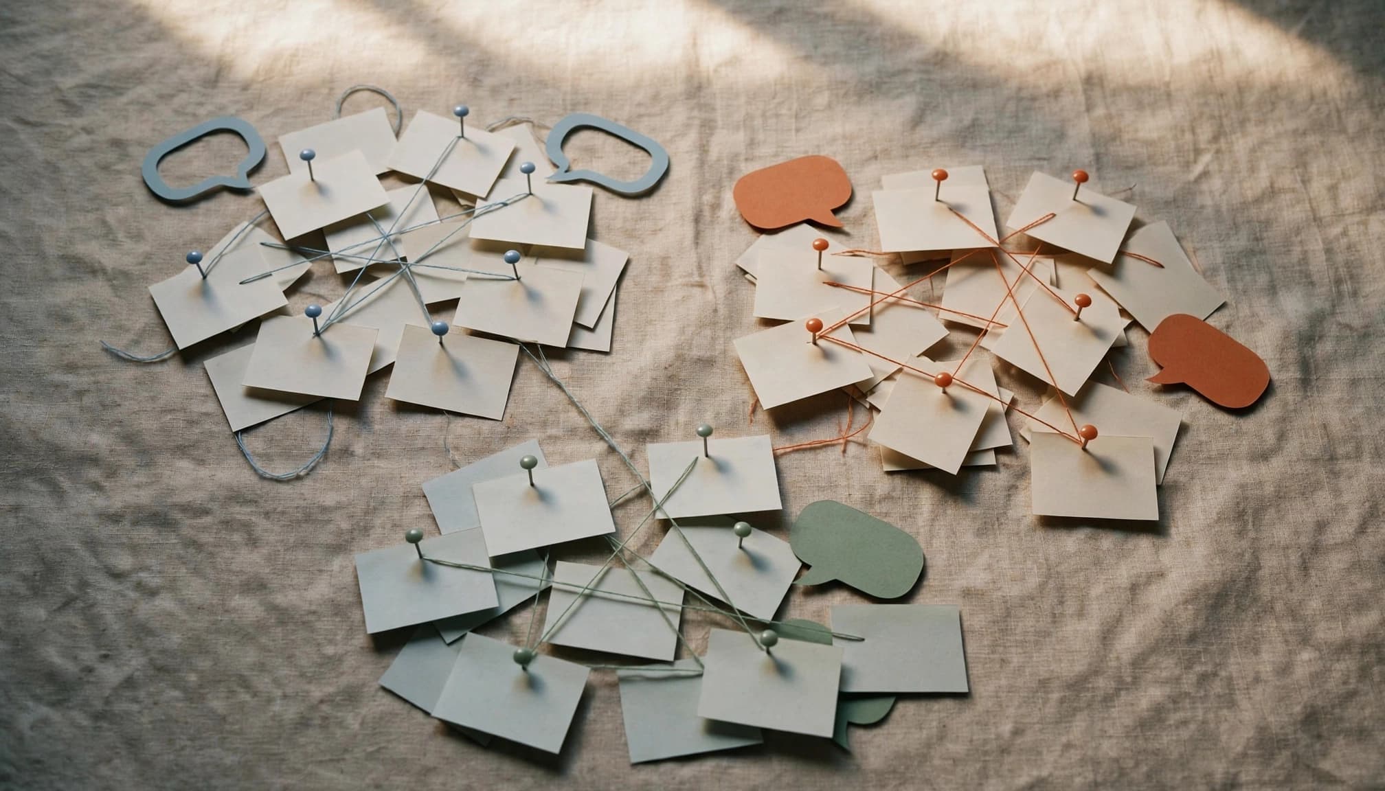 beginner ai content tools guide Paper cards, colored pins, and threads arranged into three clusters on a tabletop.