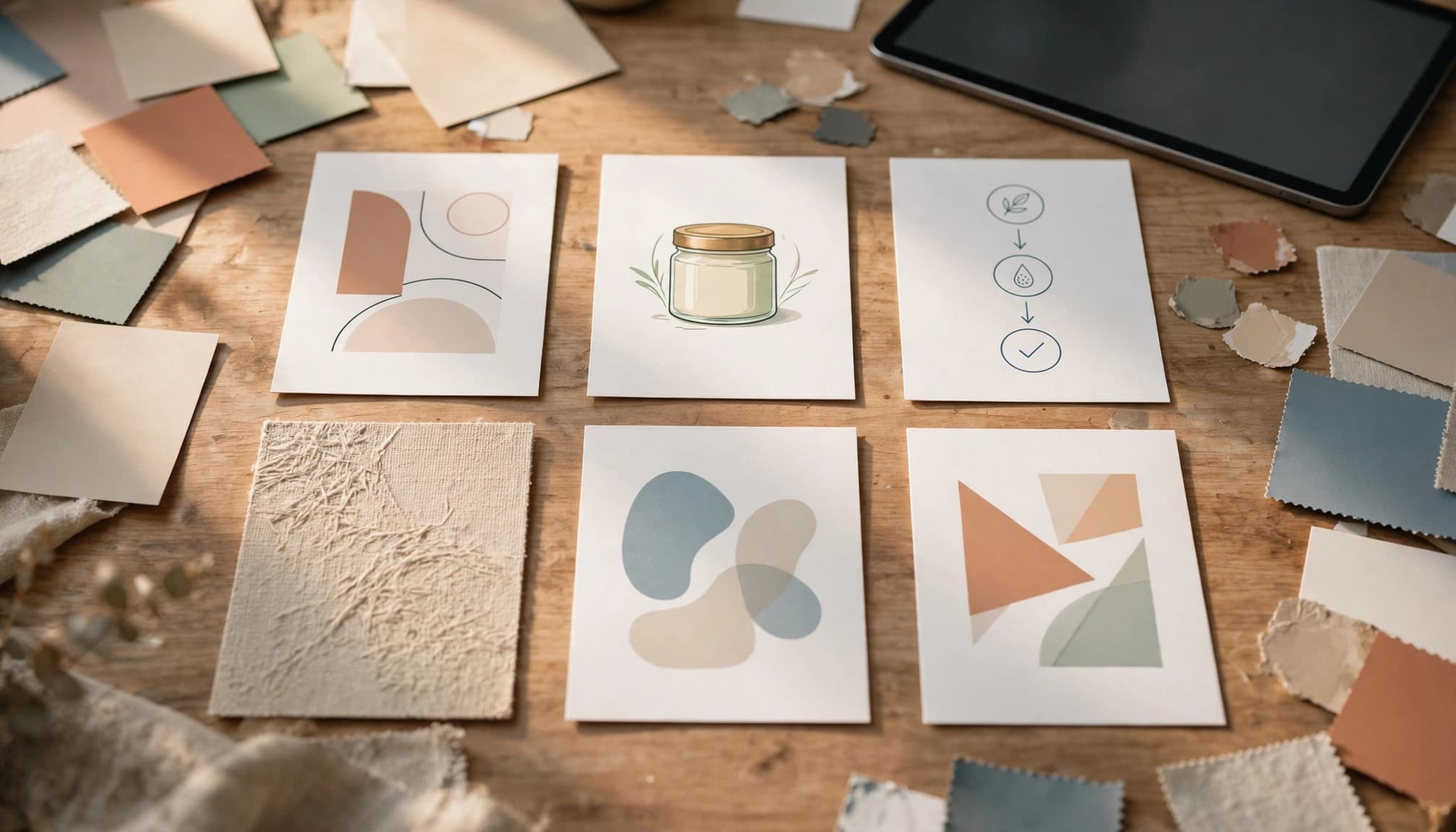 beginner ai content tools guide Six spaced carousel cards with abstract designs, a jar, a diagram, and a textured detail rest on a studio table.