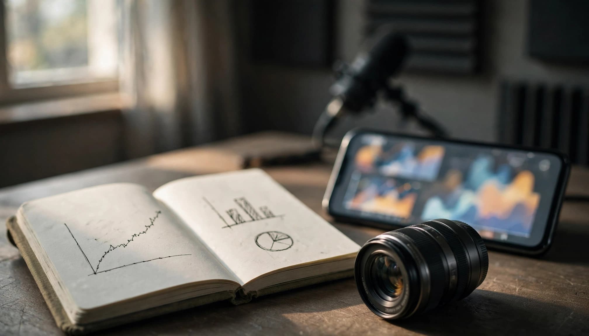 A notebook, camera lens, and phone rest on a table near a softly focused microphone.