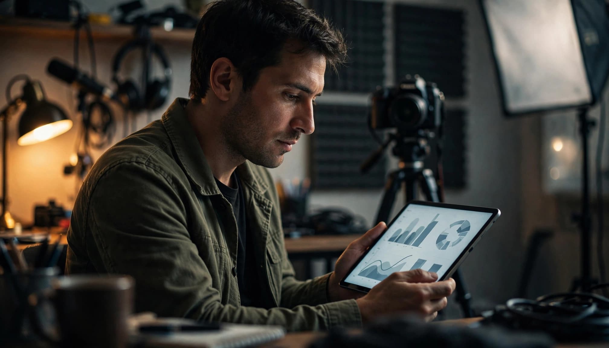 A creator reviews charts on a tablet in a home video studio.