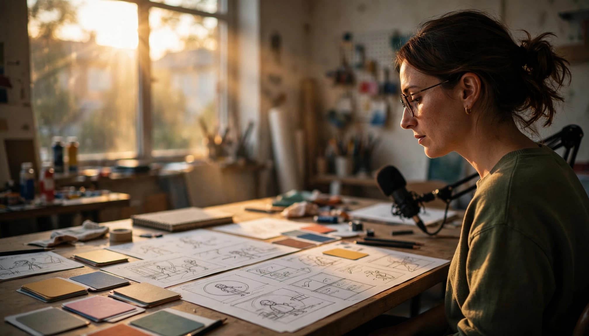 A seated marketer arranges storyboard sketches and colored cards beside a microphone.
