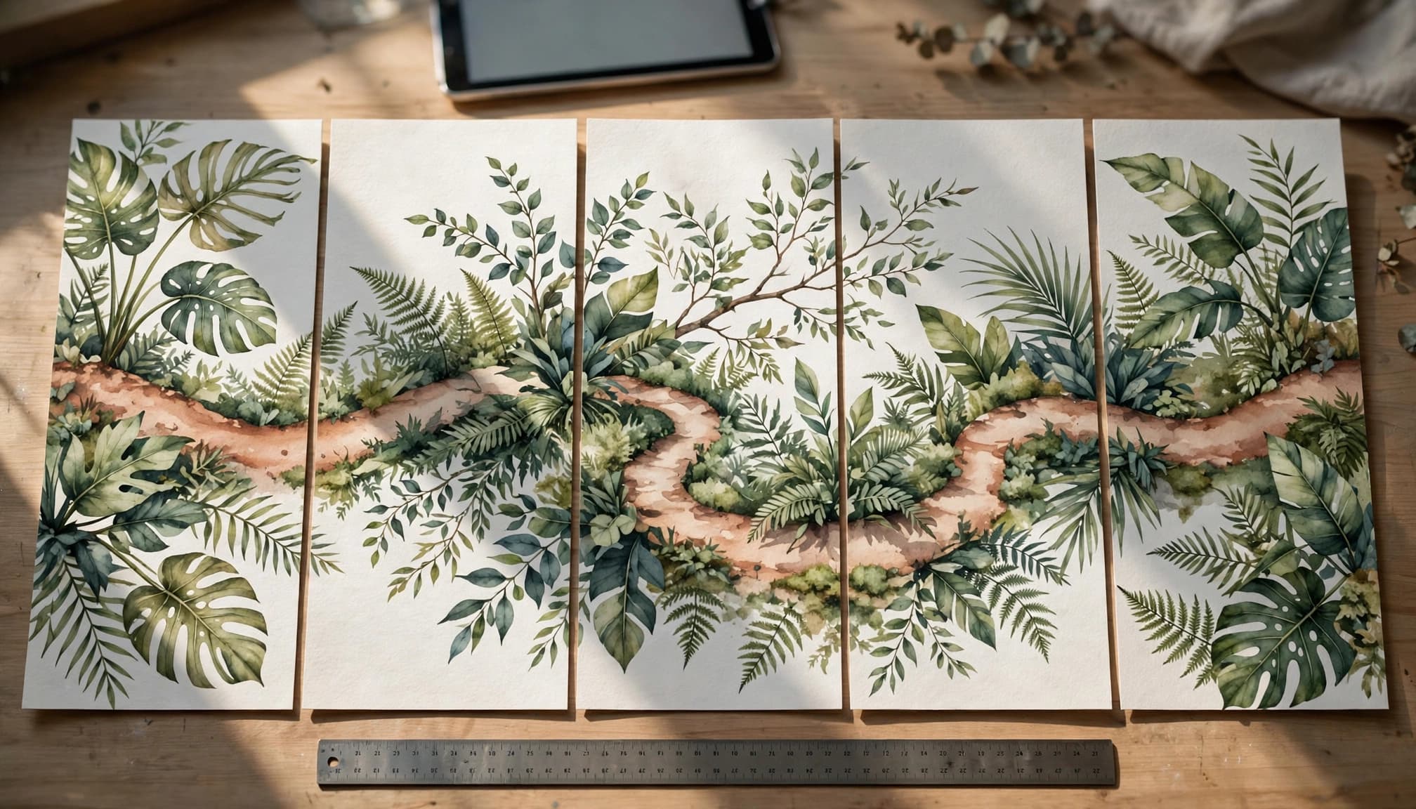 beginner ai content tools guide Five aligned botanical panels show a terracotta path winding among large leafy plants.