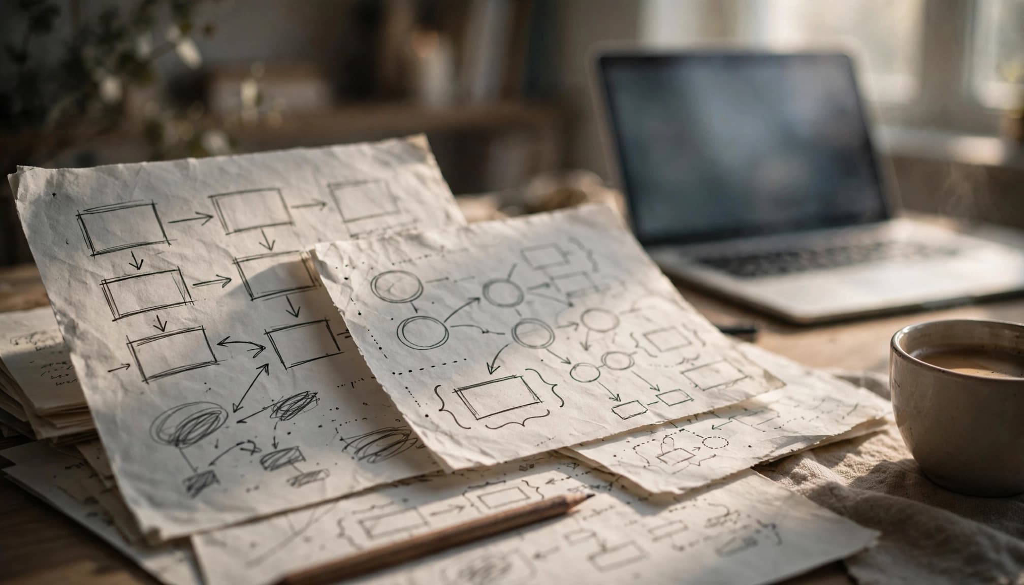 Rough note sheets and simple diagrams sit beside a laptop and coffee cup.