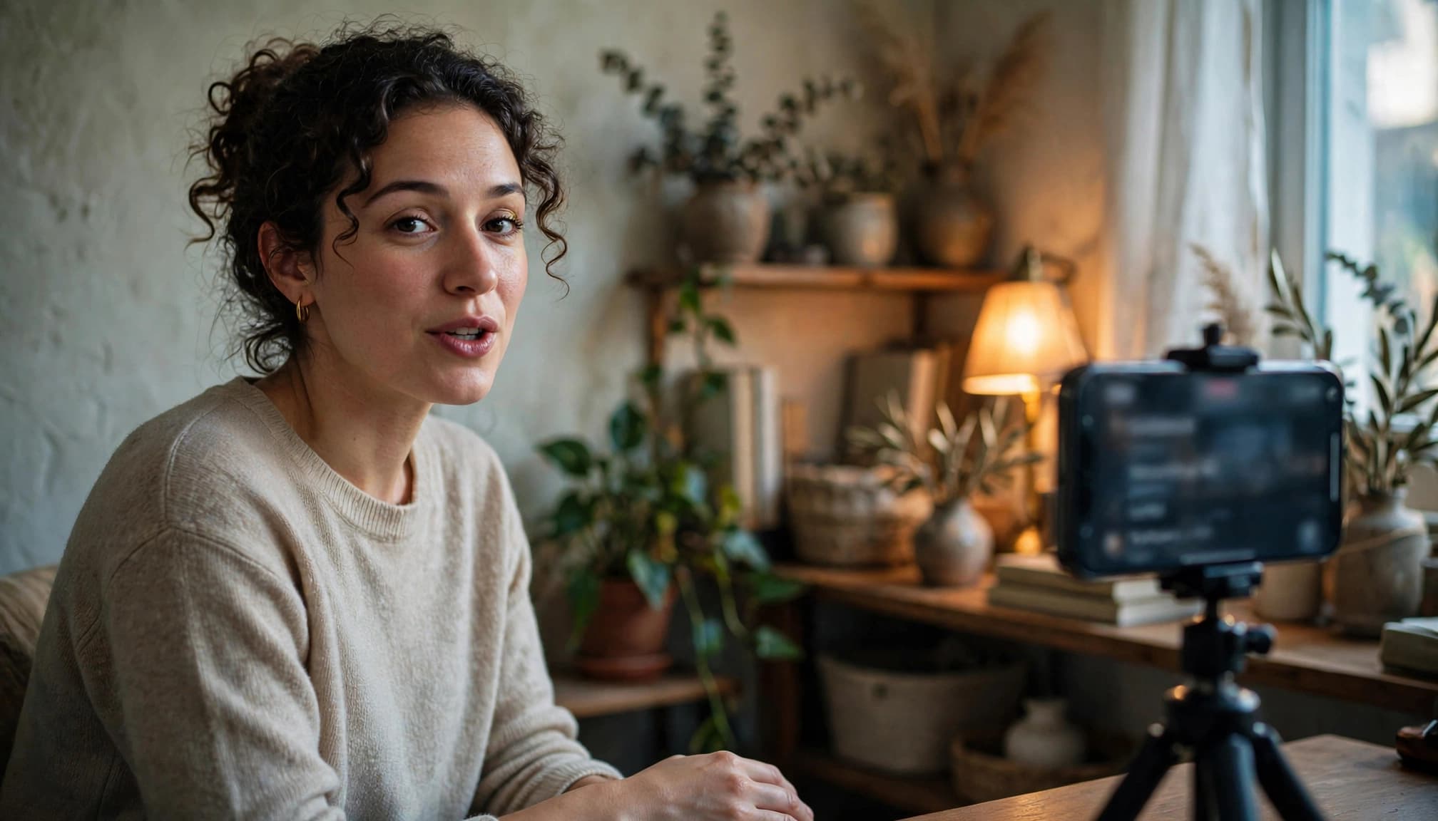 beginner ai content tools guide A creator speaks toward a phone on a tripod in a warmly lit home studio.