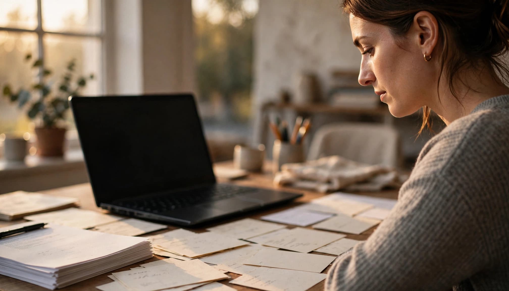 A marketer reviews a laptop beside source cards and stacked research pages.