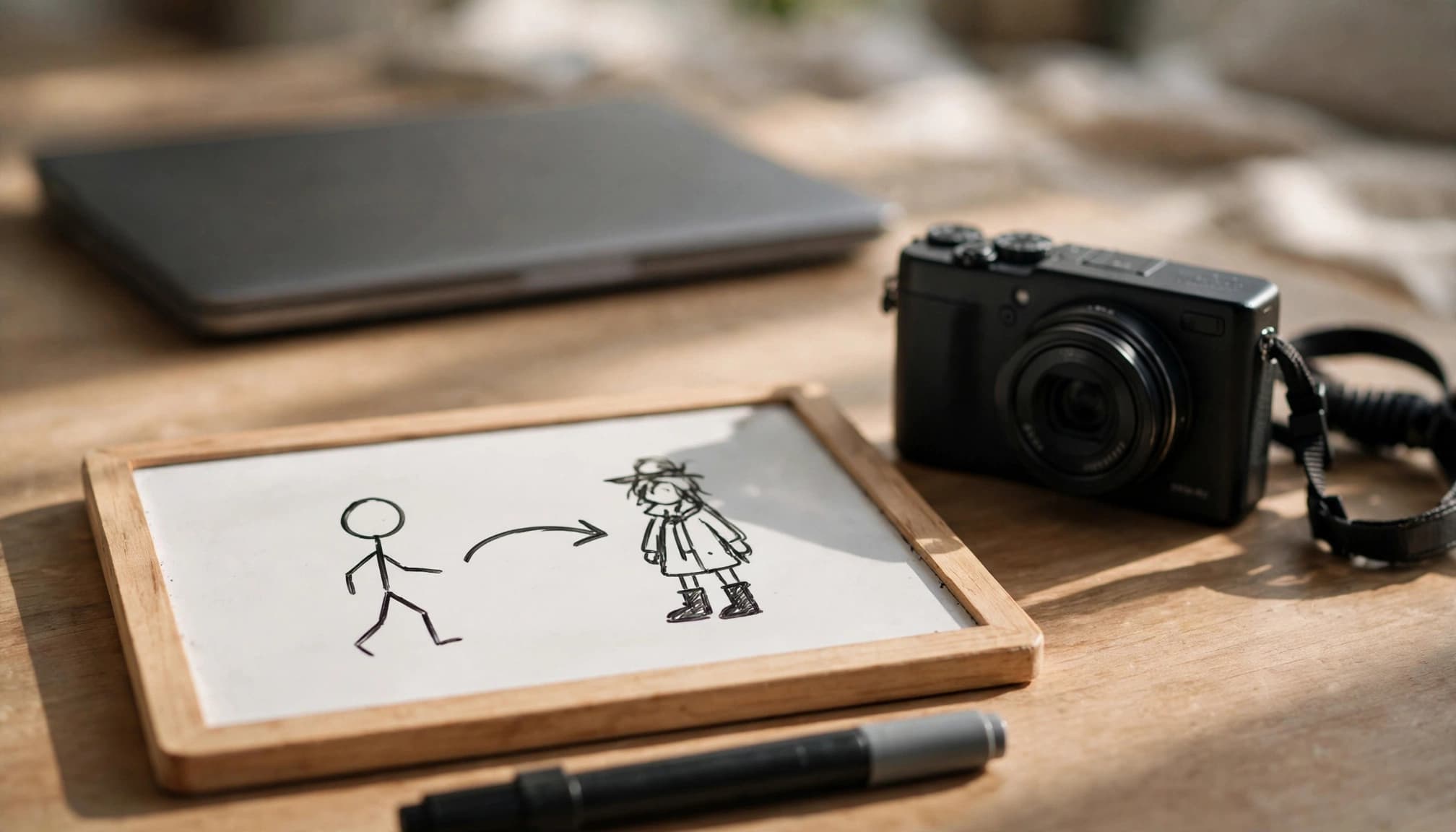 A sketched whiteboard page and marker sit beside a small camera, with a closed laptop behind them.