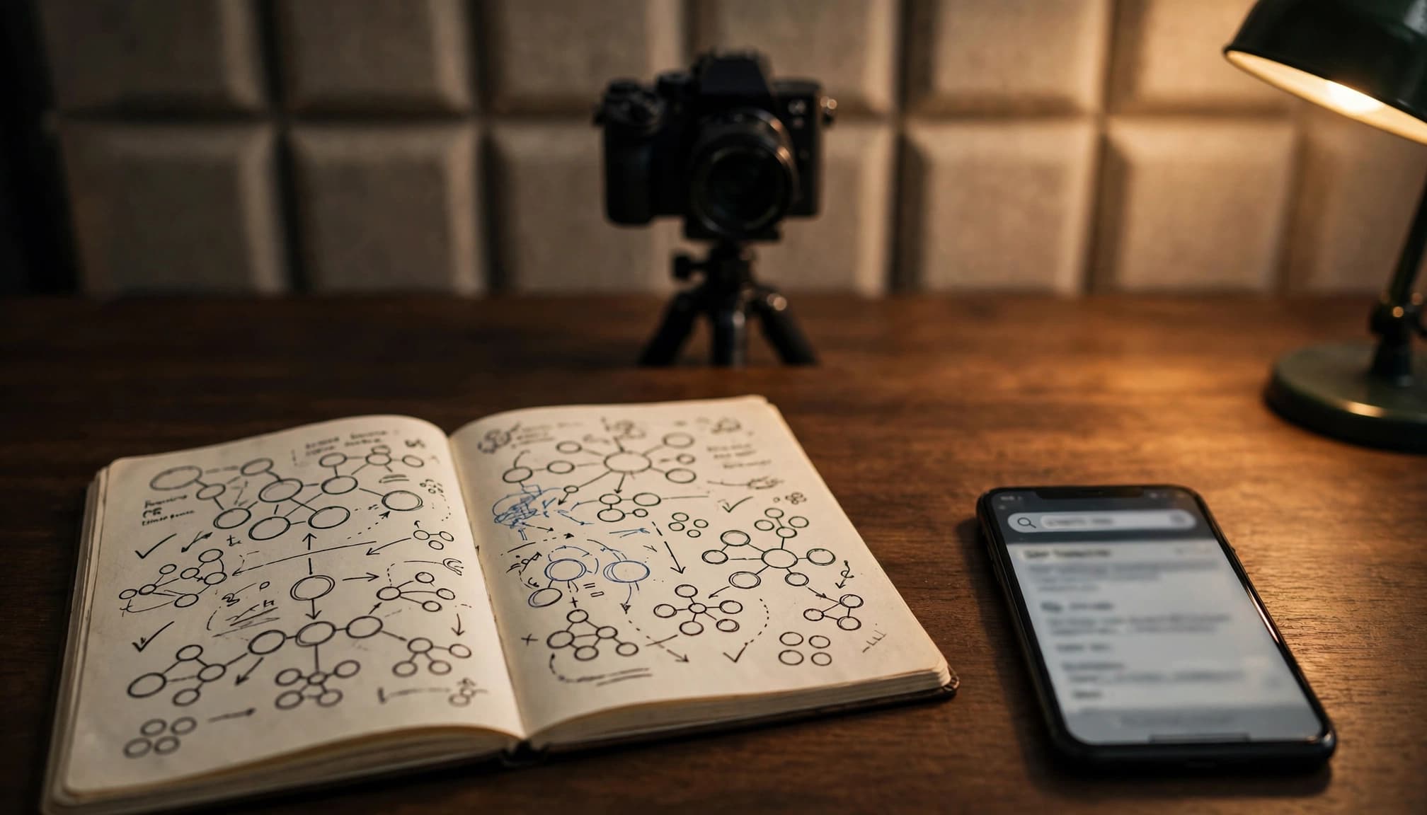 beginner ai content tools guide An open topic-planning notebook and smartphone sit on a desk in a warmly lit studio.